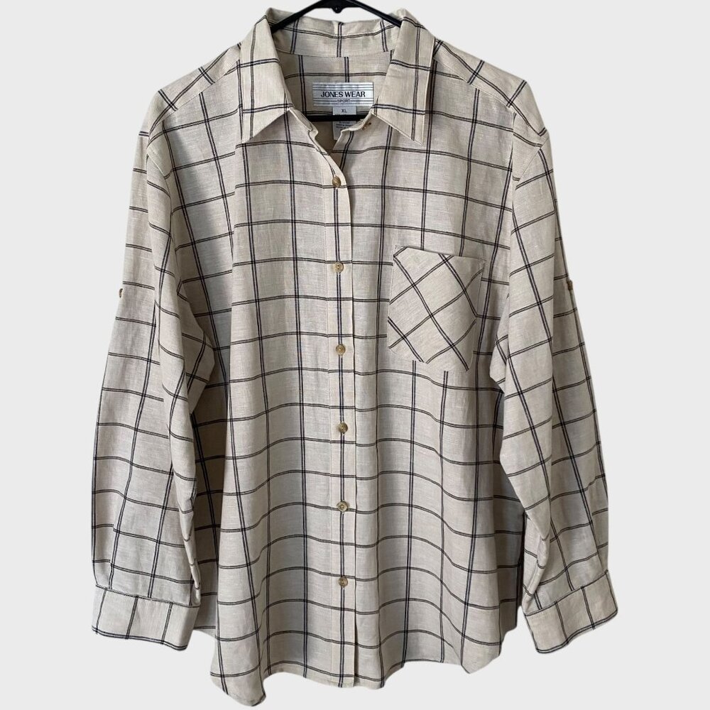 Vintage Jones Wear Roll-Tab Linen Sports Shirt Women's XL Ivory Plaid Button-Up